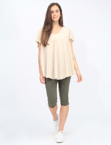 Flare Short-Sleeve V-Neck Pleated Back Blouse By Froccella (463-2866 2514810 ONE SIZE BEIGE)