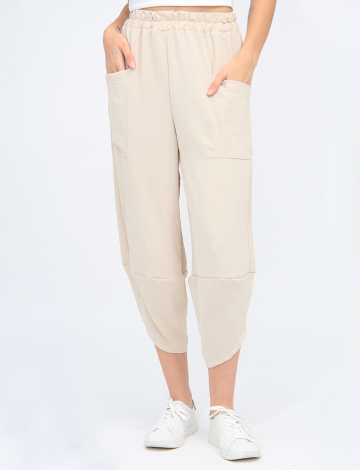 Elastic Waist Asymmetrical Hem Balloon Pant With Patch Pockets By Froccella (463-2722 2516010 ONE SIZE BEIGE)