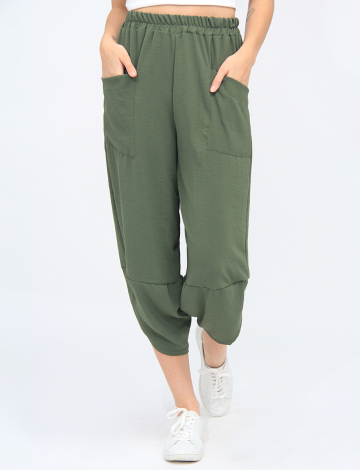 Elastic Waist Asymmetrical Hem Balloon Pant With Patch Pockets By Froccella (463-2722 2516110 ONE SIZE KHAKI)