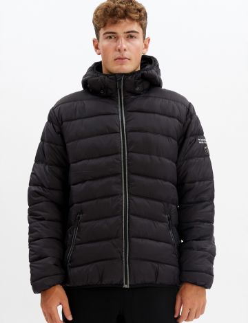 Black Packable Ultralight Hooded Vegan Puffer Jacket for Men by Point Zero