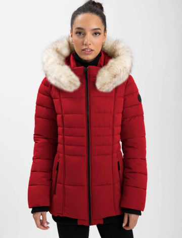 Quilted Vegan Hooded Bomber Jacket with Removable Faux Fur Trim by Point Zero (274-8168589 2096650 LARGE RED)