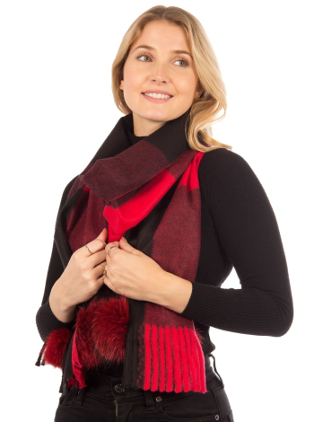 Plaid scarf with genuine fur pom-pom