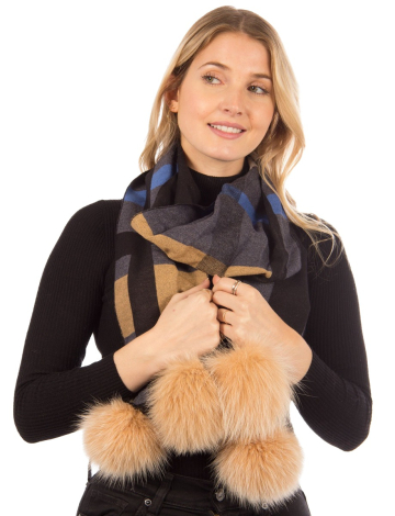 Plaid scarf with genuine fur pom-pom
