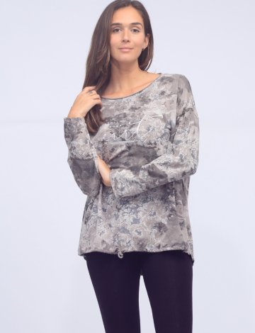 Follow Your Heart Silver Print Floral Long Sleeve Tie Front Top by Froccella