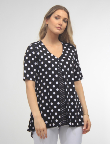 Black And White Polka Dot Top With Inverted Pleat On Front By Amani Couture