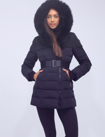 Vonne Quilted Polyloft Belted Coat with Genuine Fur Trim Hood by Sokos