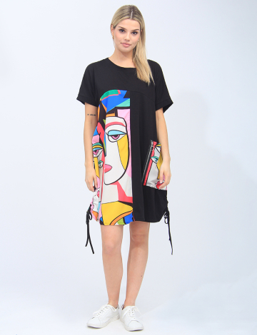 Colourful Abstract Face Print And Black Round Neck T-shirt Dress By Froccella