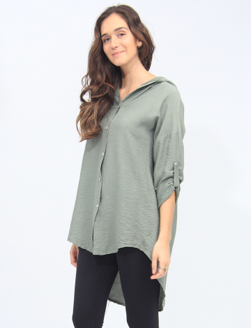 Long Button-down Hooded Shirt with Metallic Leaf Design On The Back By Froccella