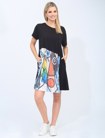 Colourful Abstract Face Print Pleated And Black T-shirt Dress By Froccella