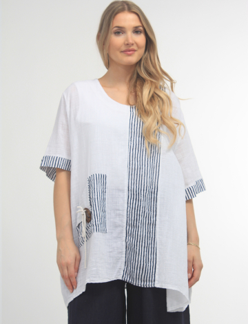 Linen Blend Top With Striped Trim And Decorative Button By Froccella