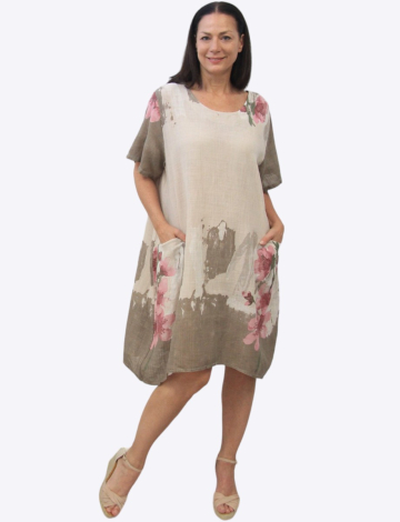 Linen Cotton Blend Floral Short Sleeve Balloon Dress With Pockets By Froccella
