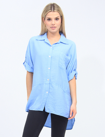 Crinkled Button-down Shirt with Three-Quarter Adjustable Sleeves by Froccella