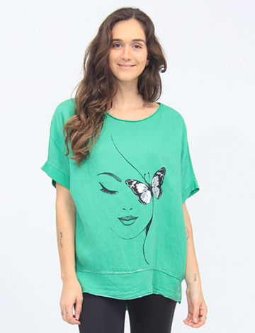 Linen Blend Face and Metallic Butterfly Print Silver Stitch Top by Froccella