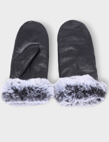 sleek genuine leather mittens with black and white faux fur cuffs by Nicci