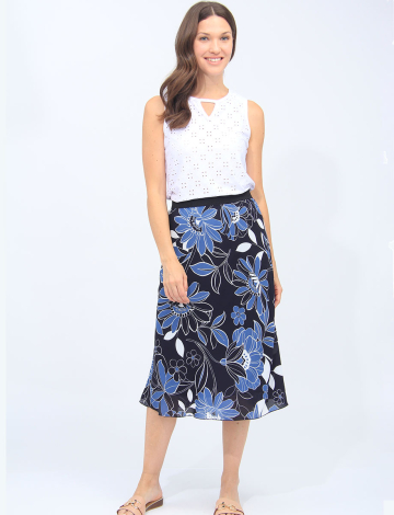 Floral Mid-Length Skirt With A Black Waistband By Vamp (428-8810A 2341130 SMALL BLUE)