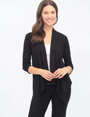 Solid Black Draped Open Front Shrug with Pointed Hem By Vamp
