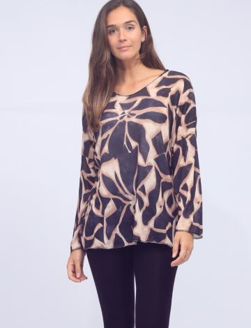 Printed V-Neck Drop Shoulder Long Sleeve Top by Froccella