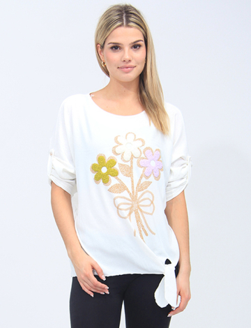 Floral Tie-Front Crew Neck Blouse by Froccella