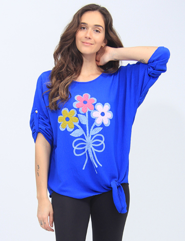 Floral Tie-Front Crew Neck Blouse with adjustable sleeves by Froccella