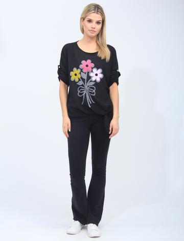 Soft Floral Design Tie-Front Crew Neck Black Blouse by Froccella