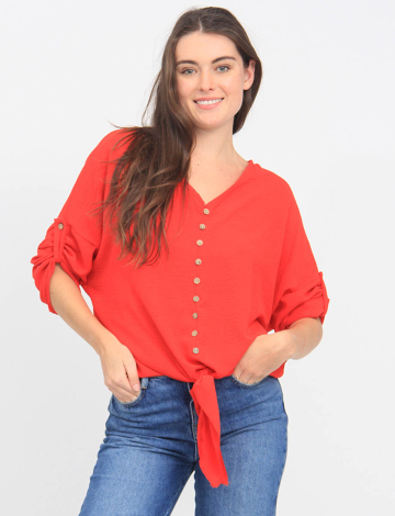 Crinkled Button Down V-Neck Blouse with Front Tie by Froccella
