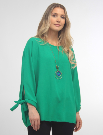 Round Neck Loose Fit Tie Sleeve Top with Elegant Necklace by Froccella