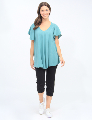 Flare Short-Sleeve V-Neck Pleated Back Blouse By Froccella