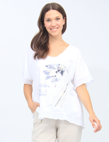 Linen-Blend Floral And Metallic Print Short Sleeve Frayed Hem Top By Froccella