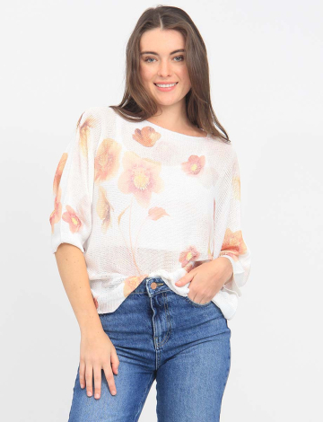 Floral Knit Boatneck Three-Quarter Dolman Sleeves Top by Froccella