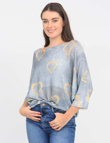 Heart Print Three-Quarter Dolman Sleeve Knit Top by Froccella