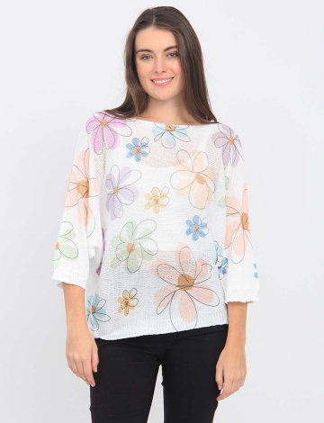 Floral Print Black Outline Three-Quarter Dolman Sleeve Knit Top by Froccella