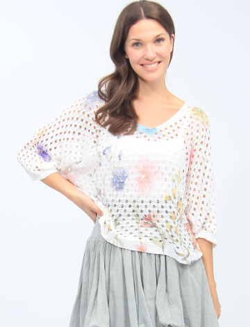 Pastel Floral Crochet Scoop Neck Short Dolman Sleeve Top By Froccella