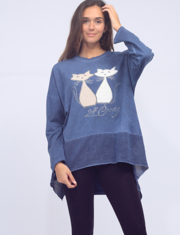 Sherpa Cat Appliqué  And Sparkling Rhinestones Long Sleeve Top By Froccella