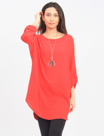 Long Crinkled Loose Fit Round Neck Tunic with Chic Necklace by Froccella