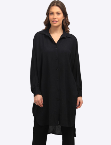 Black Dolman Sleeve Extra Long Button-Down Shirt By Froccella