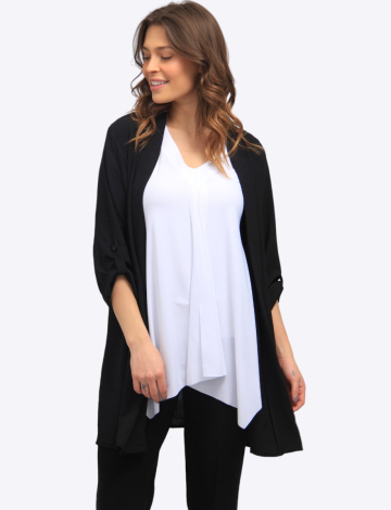 Long Crinkle Flowy Adjustable Sleeve Drape Front Cardigan by Froccella