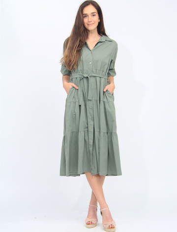 Belted Maxi Stretch Shirt Dress with Adjustable Sleeves by Froccella