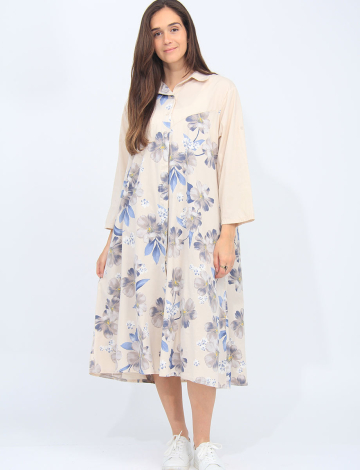 Button-Down Floral Shirt Dress With Pockets By Froccella (481-21664M 2492610 ONE SIZE BEIGE)
