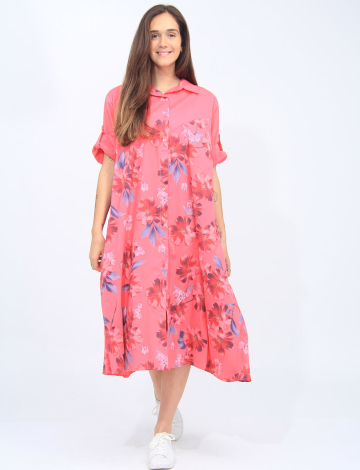 Button-Down Floral Shirt Dress With Pockets By Froccella (481-21664M 2493210 ONE SIZE FUSHIA)