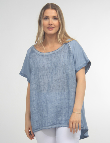 Solid Linen Blend Silver Stitching Short Sleeve Top by Froccella