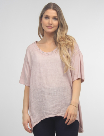 Linen Front Short Sleeve V Neck with Rhinestones by Froccella
