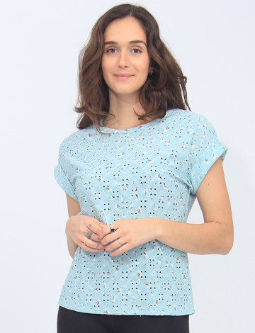 Textured Floral Eyelet design T-Shirt with Cuffed Cap Sleeve by Mandy Evans