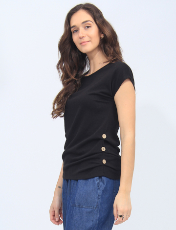 Textured Solid Cap Sleeves T-Shirt with Left Side Buttons by Mandy Evans