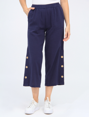 Wide-leg Cotton Elastic Waist Pants With Side Button Detail And Pockets By Erika
