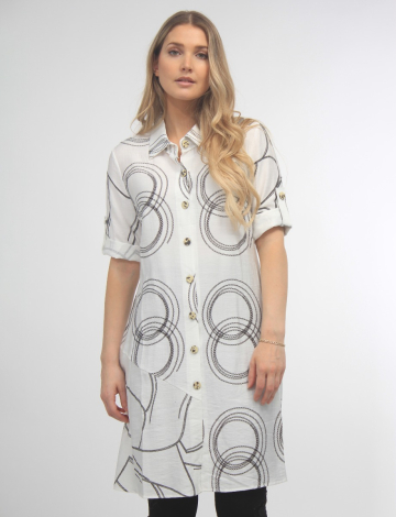 Three-quarter Sleeve Swirl Pattern Shirt Dress by Radzoli