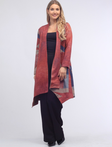 Chic Multicolor Printed Faux Suede Open Front Long Coat By Radzoli