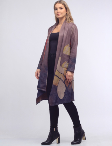Elegant Multicolor Print Faux Suede Long Coat with Open Front by Radzoli