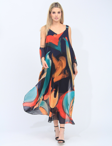 Cold Shoulder Chiffon Colourful Abstract Lined V-neck Long Dress by Radzoli