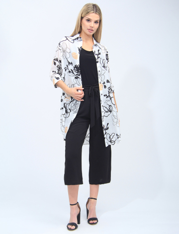Button-down Floral Long Shirt With Collar And Side Pockets By Fun Sport