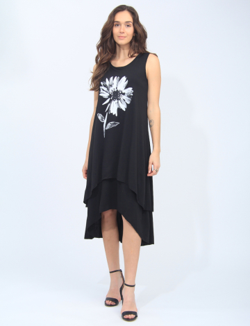 Sleeveless Solid Black Daisy Print 2 Tier Dress by Fun Sport
